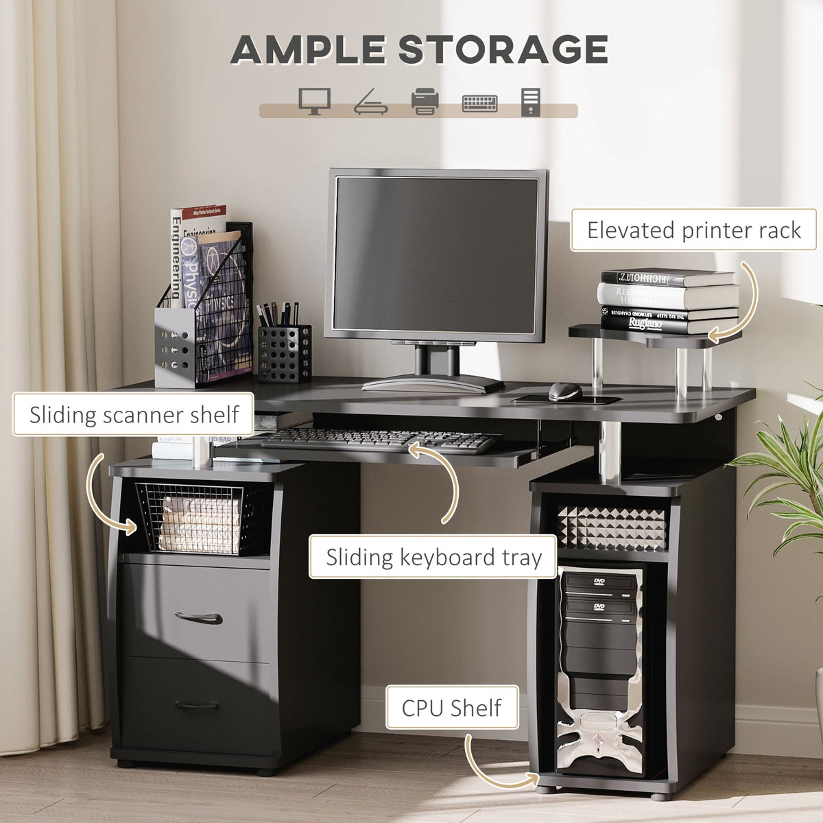 Study Desk Writing Table for Home Office, Student Workstation with Drawers, Sliding Shelf and Storage, Black