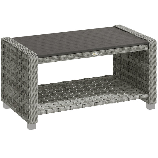 Outdoor Coffee Table with Storage Shelf, PE Rattan Side Table with Slatted Top and Foot Pads, Grey