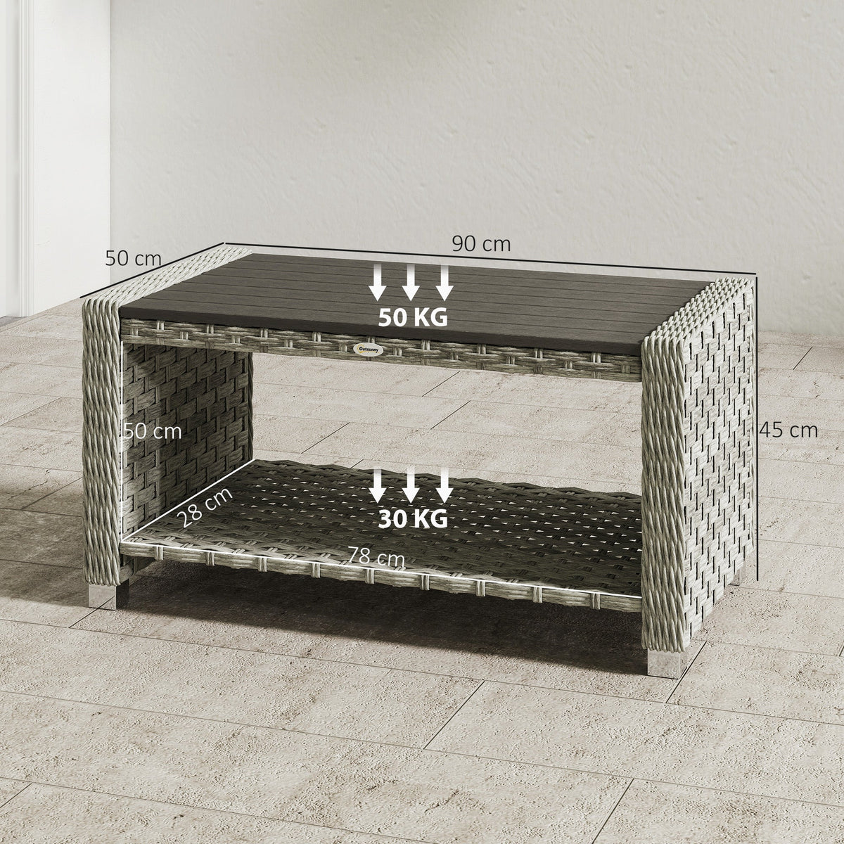 Outdoor Coffee Table with Storage Shelf, PE Rattan Side Table with Slatted Top and Foot Pads, Grey