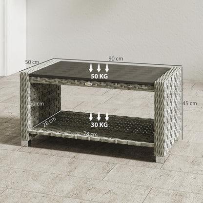 Outdoor Coffee Table with Storage Shelf, PE Rattan Side Table with Slatted Top and Foot Pads, Grey