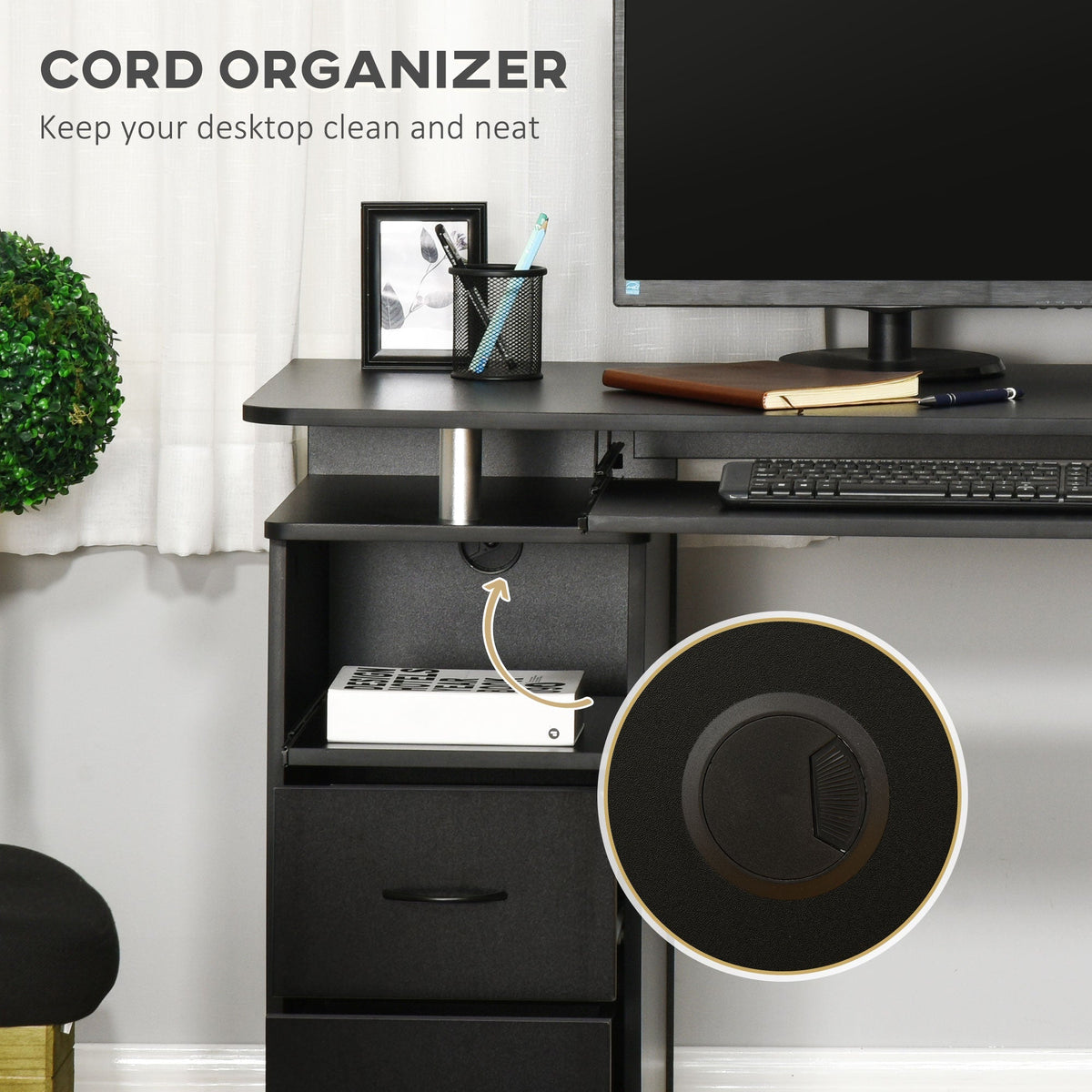Study Desk Writing Table for Home Office, Student Workstation with Drawers, Sliding Shelf and Storage, Black