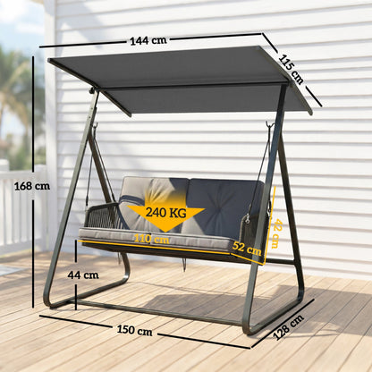 2-Seater Rattan Swing Chair, Outdoor Garden Hanging Swing Seat with Stand, Adjustable Canopy and Soft Cushions