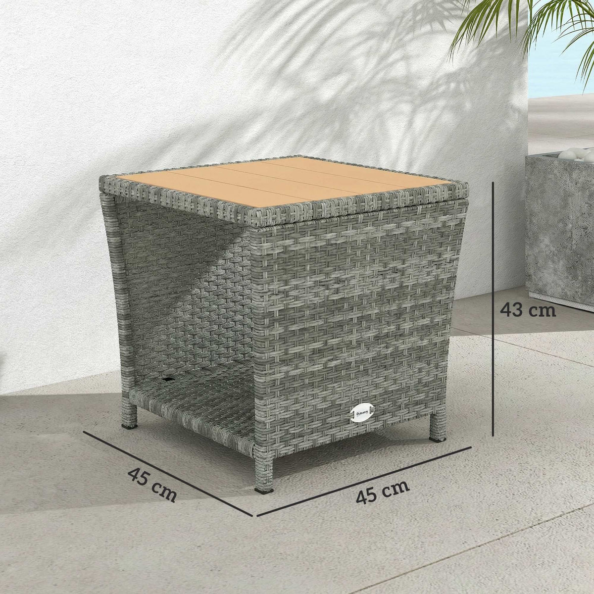 Side Table 2-Tier Outdoor Coffee Table with Storage Shelf PS Wood Slat Top/Light Grey