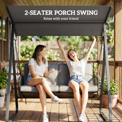 2-Seater Rattan Swing Chair, Outdoor Garden Hanging Swing Seat with Stand, Adjustable Canopy and Soft Cushions