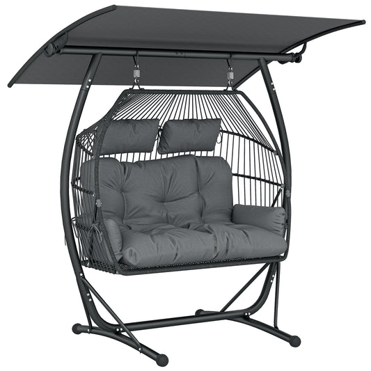 Double Hanging Egg Chair with Canopy, Rattan Garden Egg Swing Chair with Cushion, Stand for Indoor Outdoor, Dark Grey
