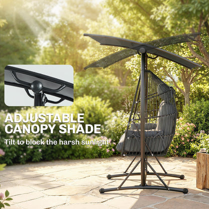 Double Hanging Egg Chair with Canopy, Rattan Garden Egg Swing Chair with Cushion, Stand for Indoor Outdoor, Dark Grey