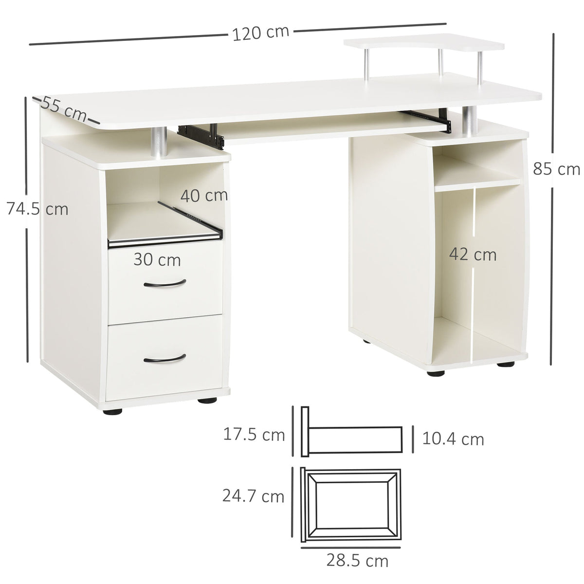 Home Study Desk Writing Table with Drawers, Writing Desk Study Table with Side Storage and Sliding Shelf, White