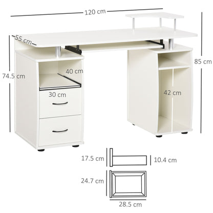 Home Study Desk Writing Table with Drawers, Writing Desk Study Table with Side Storage and Sliding Shelf, White