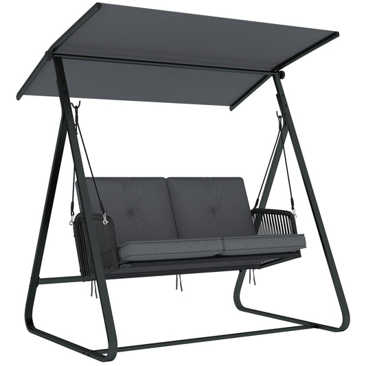2-Seater Rattan Swing Chair, Outdoor Garden Hanging Swing Seat with Stand, Adjustable Canopy and Soft Cushions